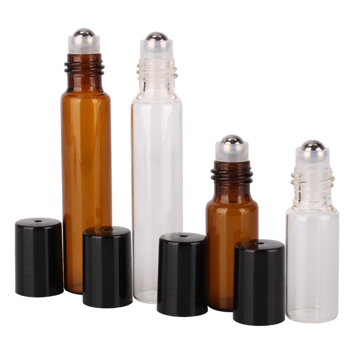5 Pieces 5ml/10ml Amber/Transparent Glass Roll on BottlesStainless Steel Roller Ball for Aromatherapy Portable Trave